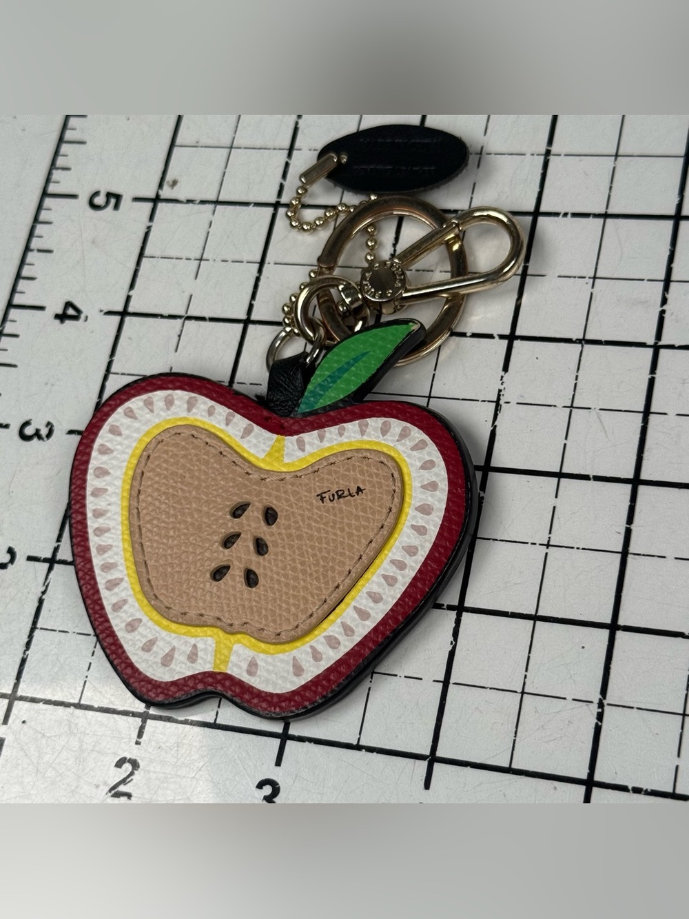 Furla Red, Tan and Green Apple Leather Key Charm. Silver accents.
